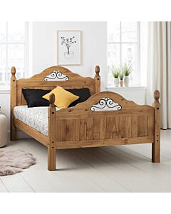Corona Scroll 4'6" High End Bed - Distressed Waxed Pine