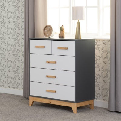 Cleveland 3+2 Drawer Chest
White/Grey Metal Effect