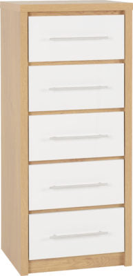 Seville 5 Drawer Narrow Chest
White High Gloss/Light Oak Effect Veneer