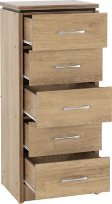 Charles 5 Drawer Narrow Chest
Oak Effect Veneer with Walnut Trim