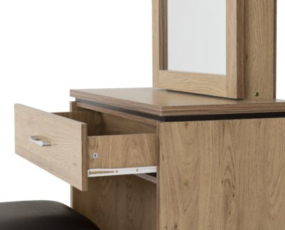 Charles 1 Drawer Dressing Table Set
Oak Effect Veneer with Walnut Trim/Brown Faux Leather