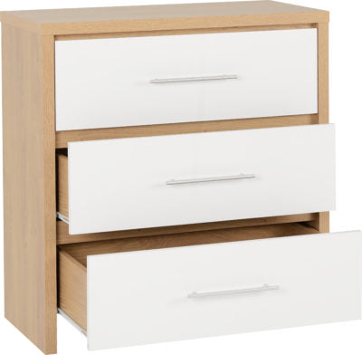 Seville 3 Drawer Chest
White High Gloss/Light Oak Effect Veneer