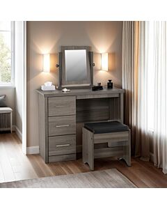 Lisbon 3Pc Dressing Table Set (With Mirror) - Black Wood Grain/Black Faux Leather