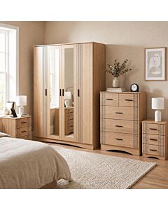 Tessa 4 Door Mirrored Wardrobe Bedroom Set - Natural Oak Effect