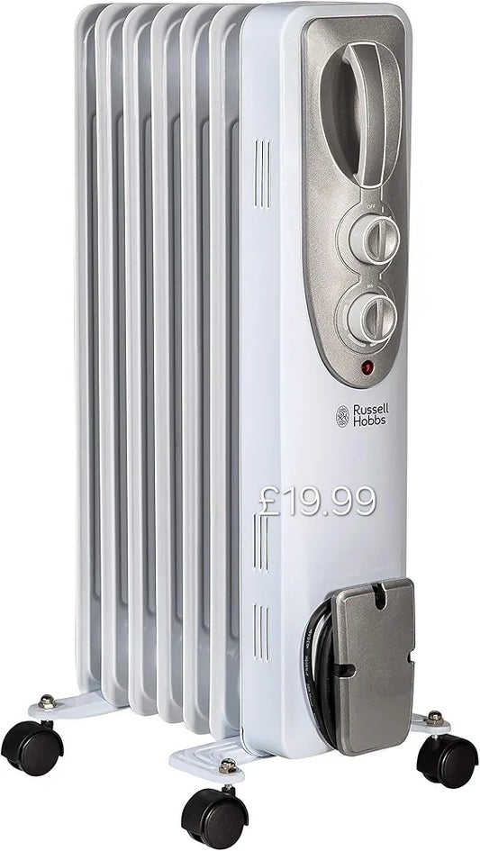 Russell Hobbs 1500W/1.5KW Oil Filled Radiator, 7 Fin Portable Electric Heater - White, Adjustable Thermostat with 3 Heat Settings, Safety Cut-off, 15 m sq Room Size,