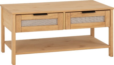 Corona Rattan 2 Drawer Coffee Table
Distressed Wax Pine/Rattan Effect
