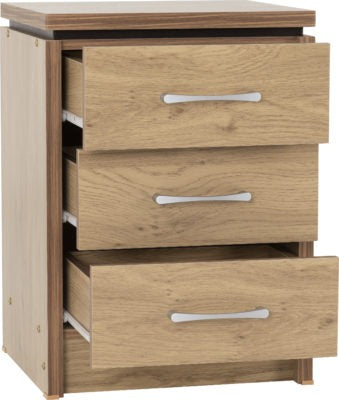 Charles 3 Drawer Bedside Chest
Oak Effect Veneer with Walnut Trim
